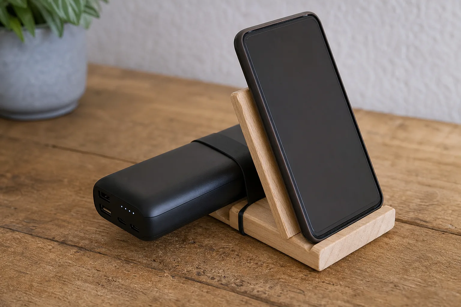 Powerbanks mit einem DIY-Smartphone-Staender praktisch verbinden
